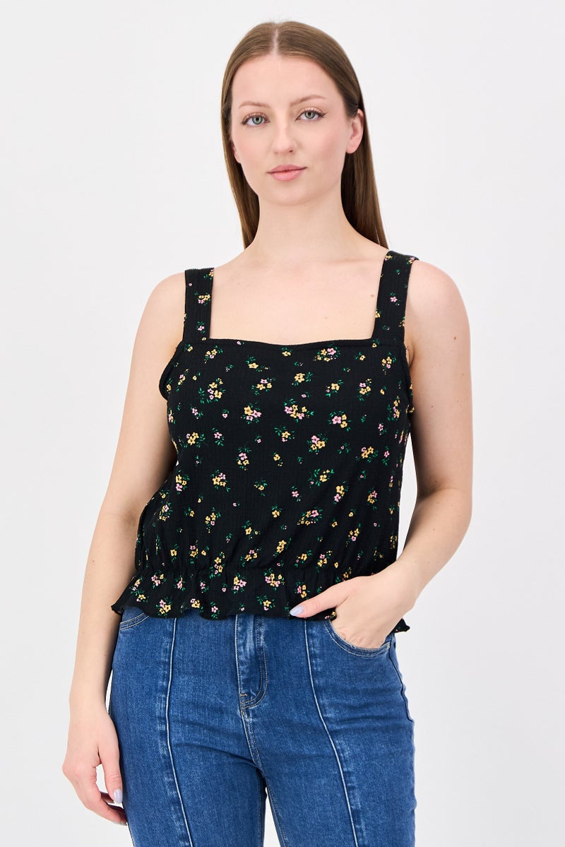 promod Women Square Neck Sleeveless Floral Pattern Crop Tank Top, Multicolor - Image 1